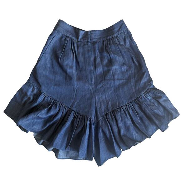TIBI Drape Ruffle Chambray Shorts in Dark Indigo Coquette Preppy Neutral Size 2 - Picture 1 of 7